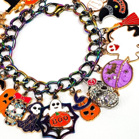 Halloween Charm Bracelet, Pumpkins, Ghost, Spider Webs, Cat - Picture 8 of 9